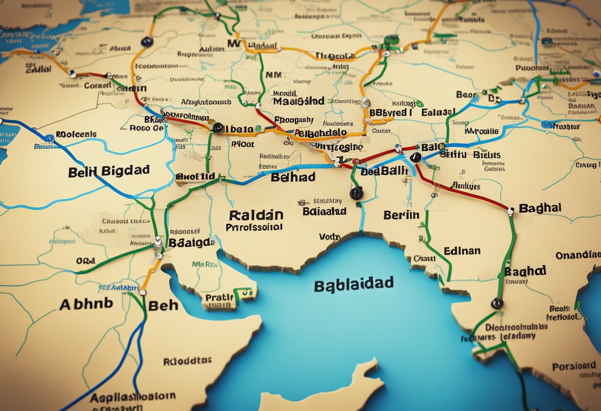 Eine Karte mit der vorgeschlagenen Route der Bahnstrecke Berlin-Bagdad, auf der die wichtigsten strategischen Orte und militärischen Interessen markiert sind