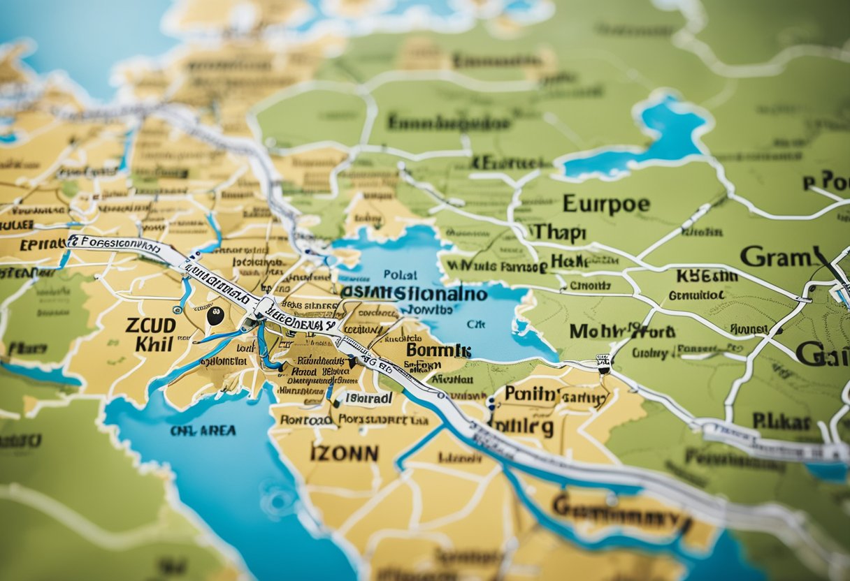 Eine Europakarte mit Schwerpunkt auf der Grenze zwischen Polen und Deutschland, auf der historische Wahrzeichen und bedeutende Städte eingezeichnet sind