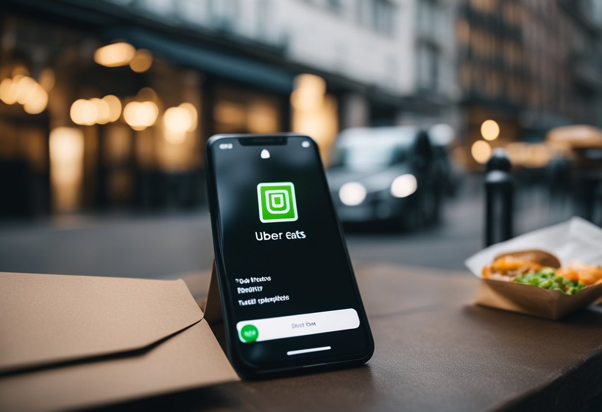 Ein Smartphone, das die Uber Eats-App mit Berlin, Deutschland, als Standort anzeigt. Daneben sind eine Liefertasche und Lebensmittel zu sehen