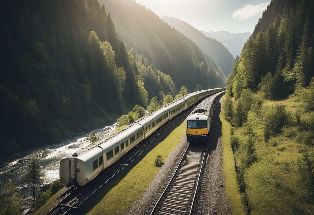 The railway stretches through rugged terrain, crossing rivers and mountains. Engineers survey the landscape, planning the route to connect Germany to the Middle East