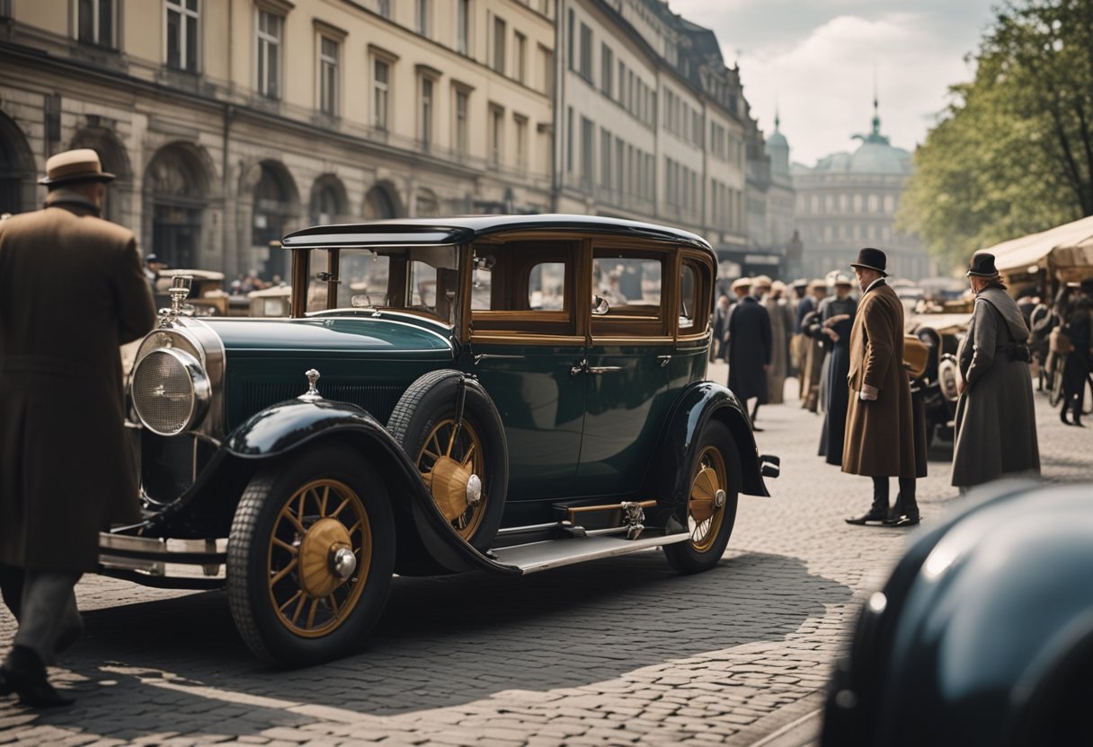 A bustling street in 1929 Berlin, with old-fashioned cars and people in period clothing, surrounded by historic buildings and a sense of pre-war tension