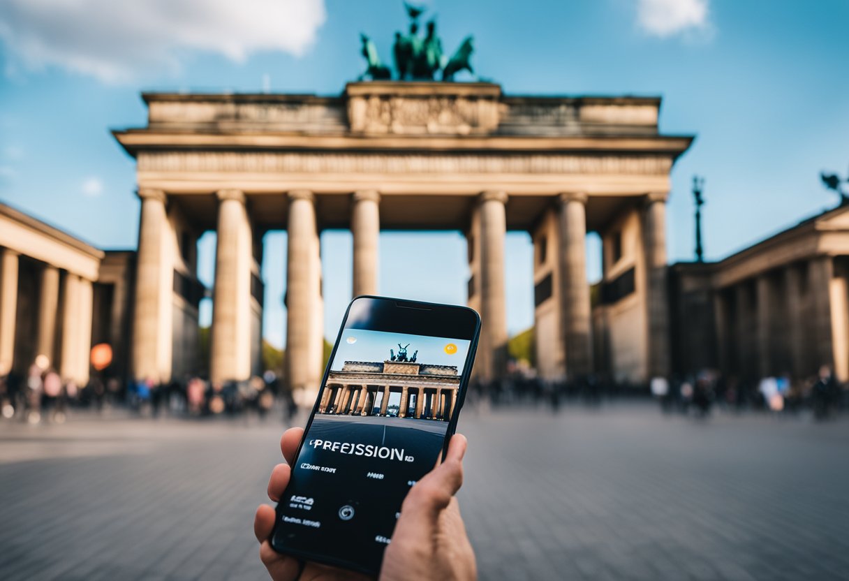 A smartphone with Uber and Lyft apps open, set against the backdrop of Berlin's iconic Brandenburg Gate