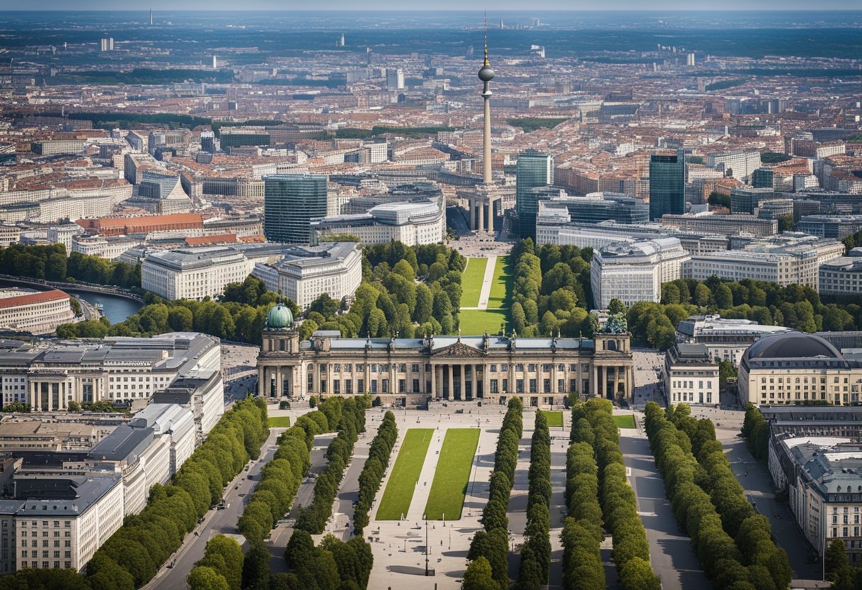 Luftaufnahme von Berlin mit ikonischen Wahrzeichen wie dem Brandenburger Tor und dem Berliner Fernsehturm, die die einzigartige Mischung aus moderner und historischer Architektur der Stadt zeigen