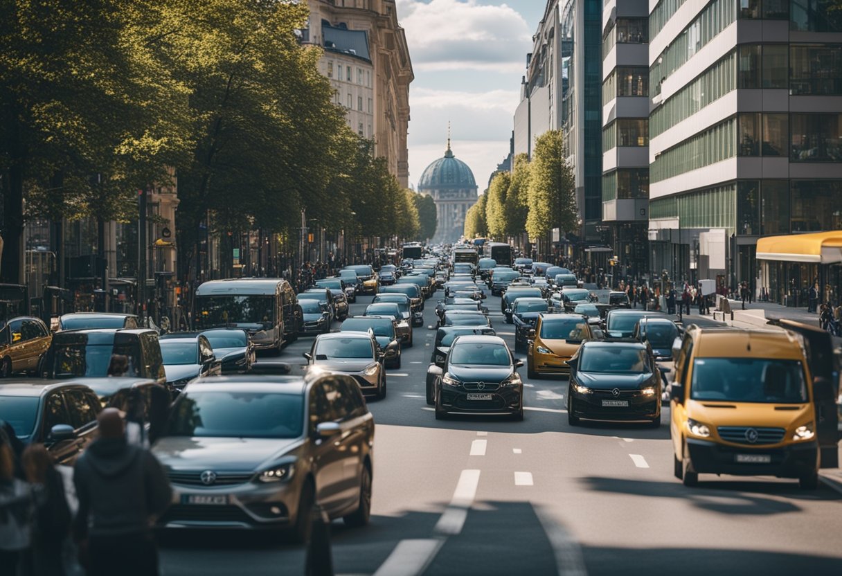 Eine belebte Straße in Berlin mit bunten Autos und Menschen, die Mitfahrgelegenheiten nutzen. Hohe Gebäude und eine belebte Stadtlandschaft im Hintergrund