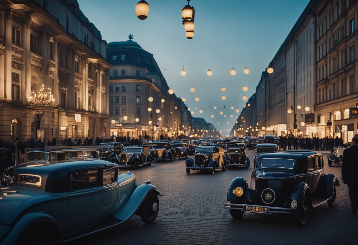 The bustling streets of 1929 Berlin, filled with vintage cars and stylishly dressed pedestrians, surrounded by grand architecture and illuminated by the glow of street lamps