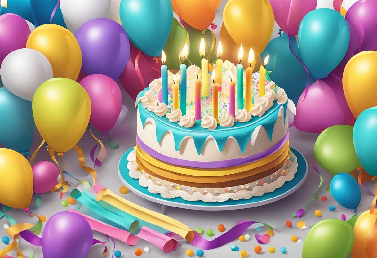 A festive birthday cake with 39 candles, surrounded by colorful balloons and streamers. A thoughtful birthday card with a heartfelt quote sits nearby