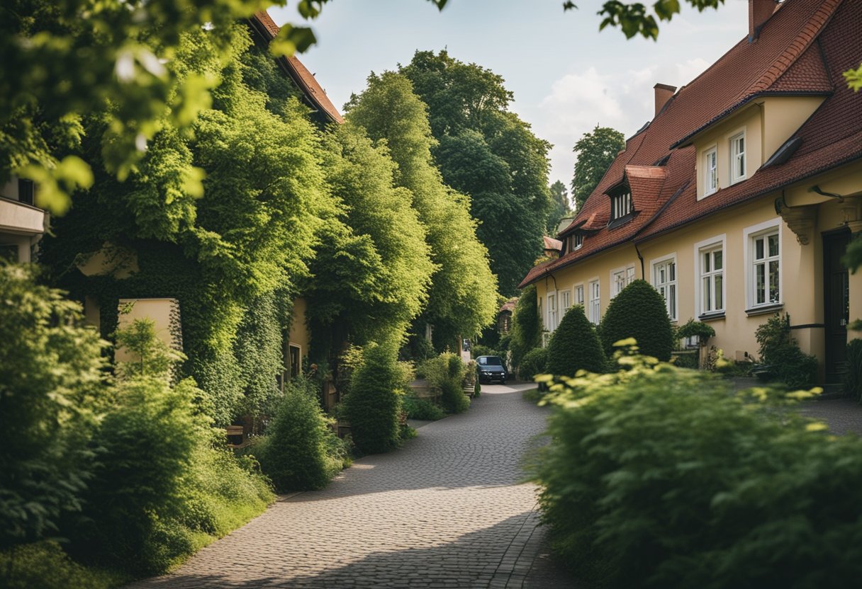 Eine beschauliche Straße in Zehlendorf, Berlin, mit traditioneller deutscher Architektur und üppigem Grün