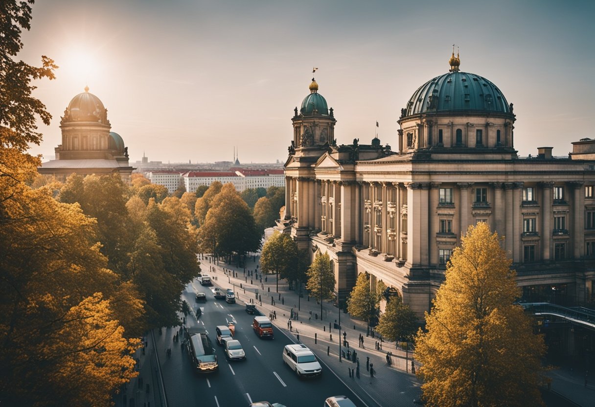 Eine belebte Stadtlandschaft in Berlin, Deutschland, mit ikonischen Wahrzeichen und lebhaften Straßenszenen, aber kein Disneyland