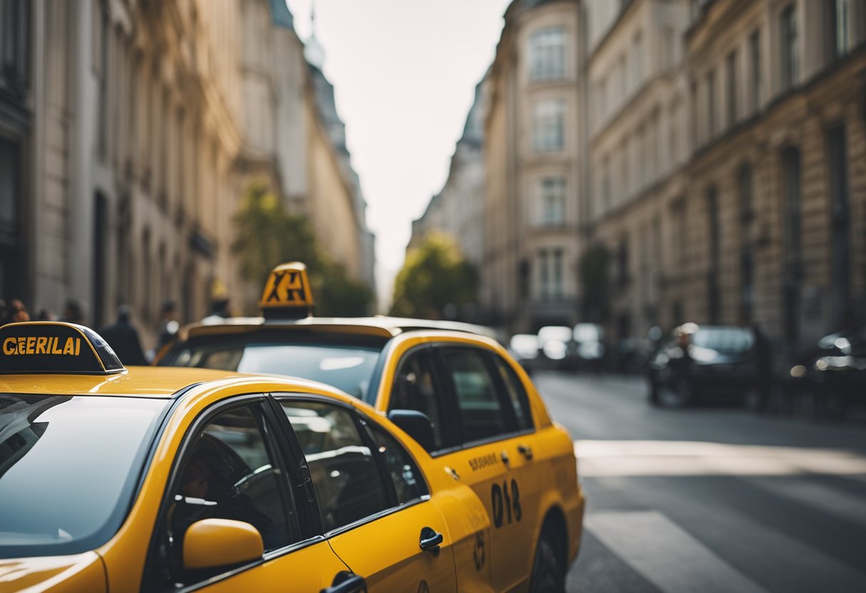 Ein gelbes Taxi fährt durch die belebten Straßen von Berlin, Deutschland