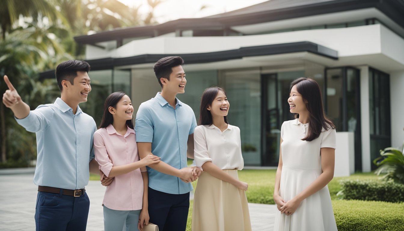 A family stands in front of a modern house, with a real estate agent pointing to a sign that reads "How Much is the Downpayment for a House in Singapore?" The family looks excited and hopeful