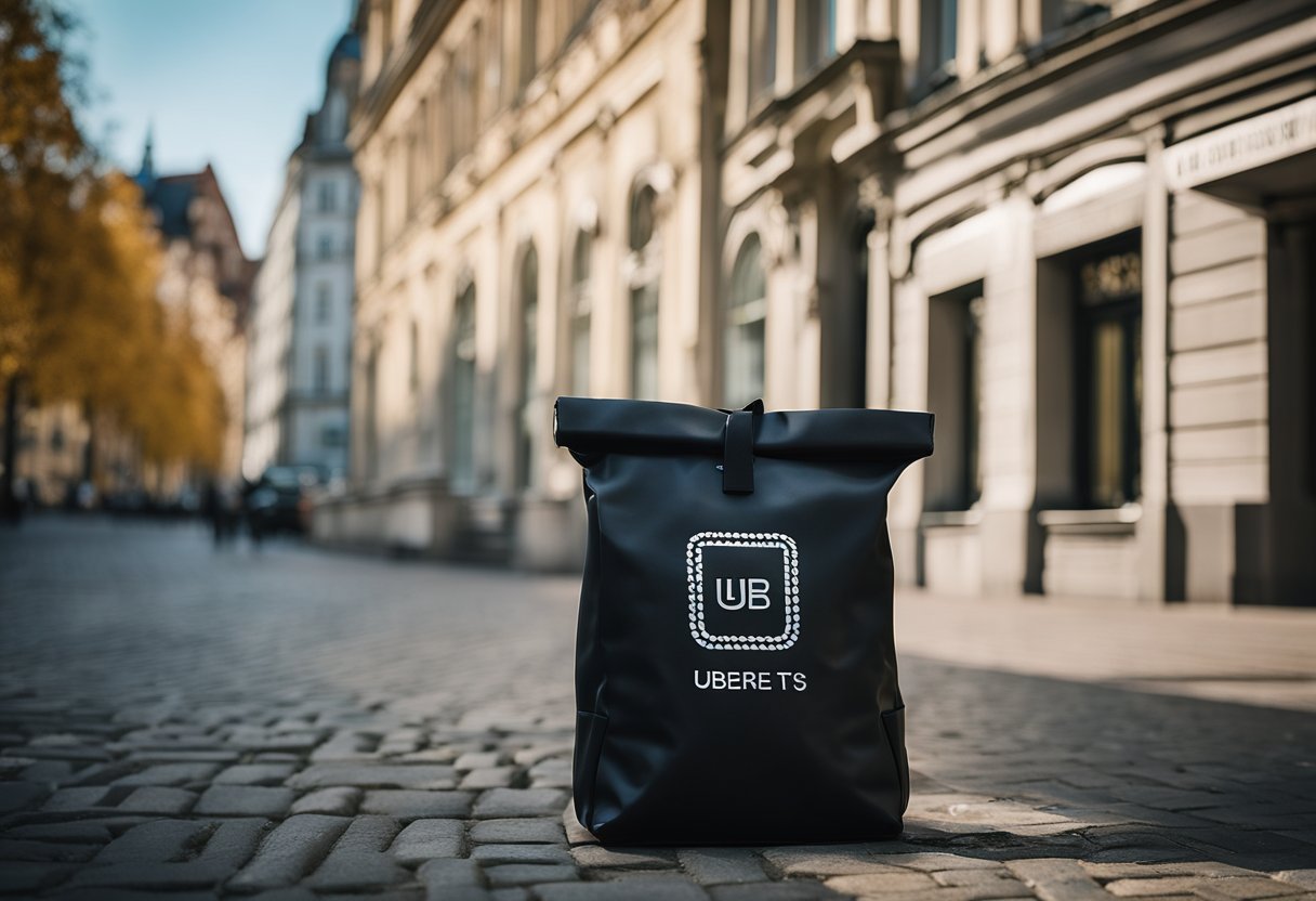 Eine Uber Eats-Liefertasche steht vor einer Haustür in Berlin, Deutschland. Die Tüte ist mit dem Uber Eats-Logo beschriftet und von einer malerischen europäischen Straßenszene umgeben