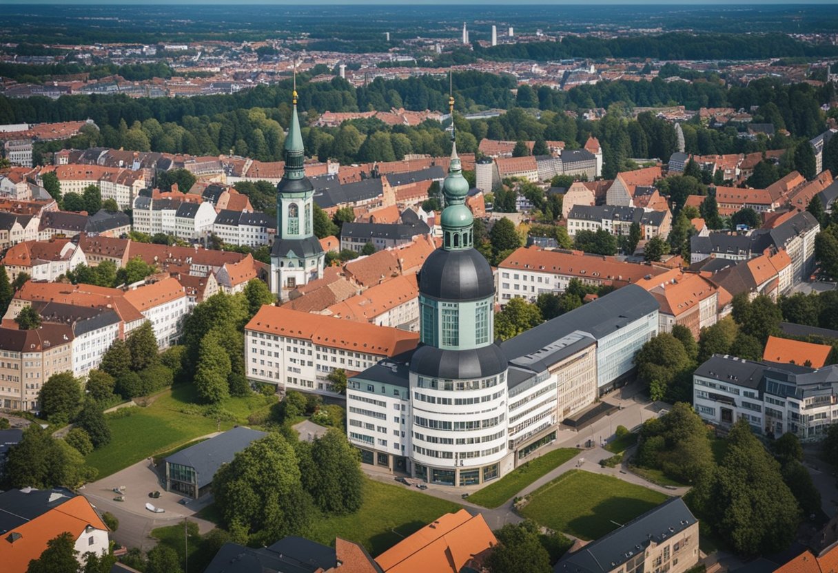 Ein Luftbild von Zehlendorf, Berlin, Deutschland, das die historischen Gebäude und Wahrzeichen zeigt