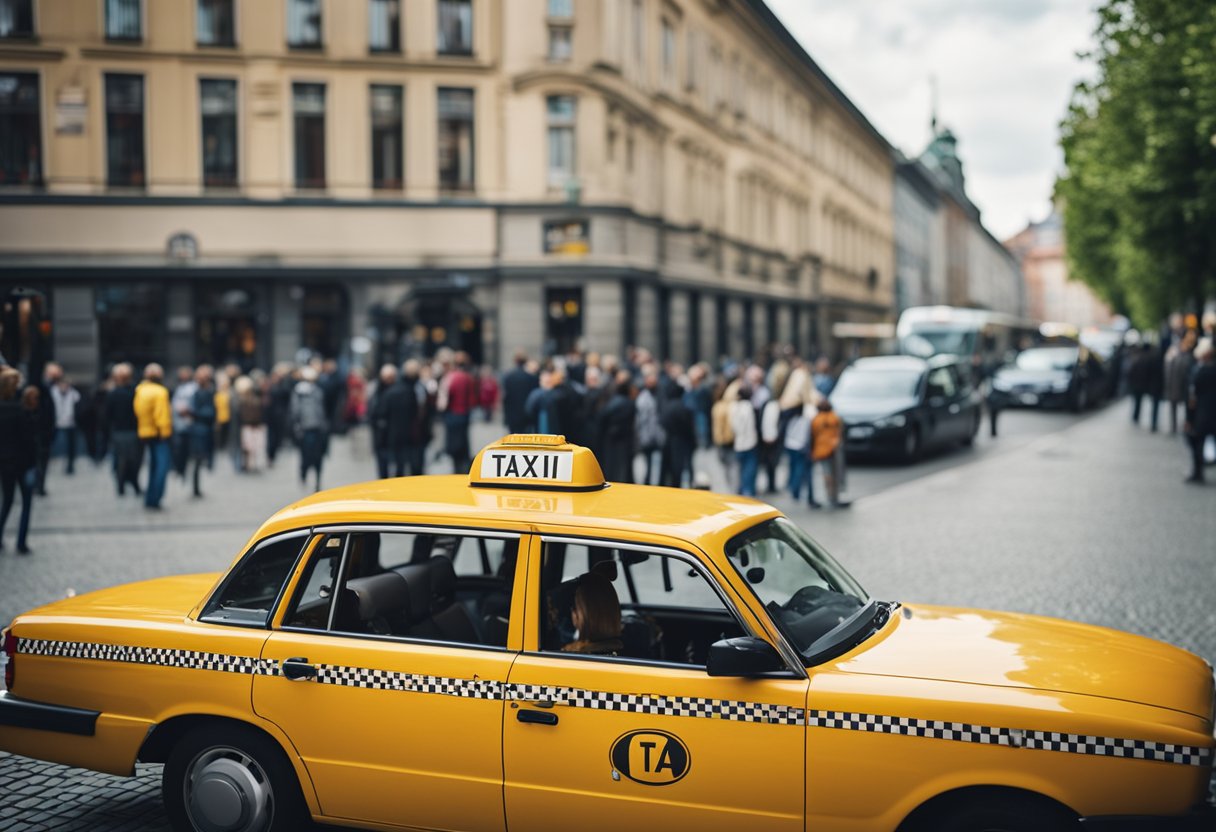 A yellow taxi with "Taxi Berlin" sign waits outside a busy train station in Germany. People line up on the curb, while the driver looks out for potential passengers