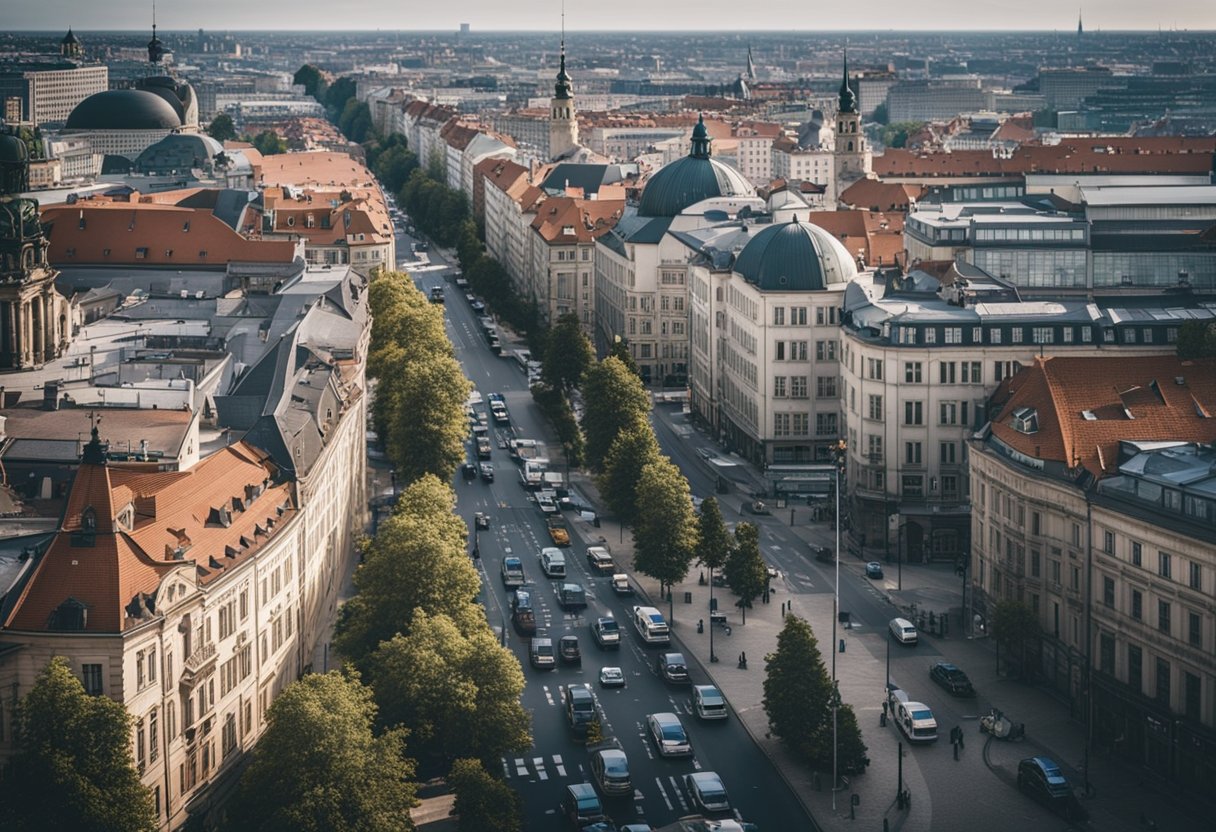 Eine belebte Berliner Straße mit ikonischer Architektur und Straßenkunst, die den kulturellen Einfluss sowohl Polens als auch Deutschlands verdeutlicht