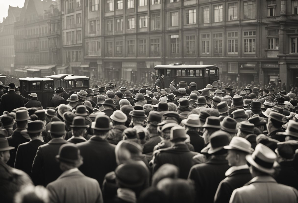 A crowded street in 1929 Berlin, with people engaged in heated discussions and debates, while others are observing and reacting with surprise or skepticism