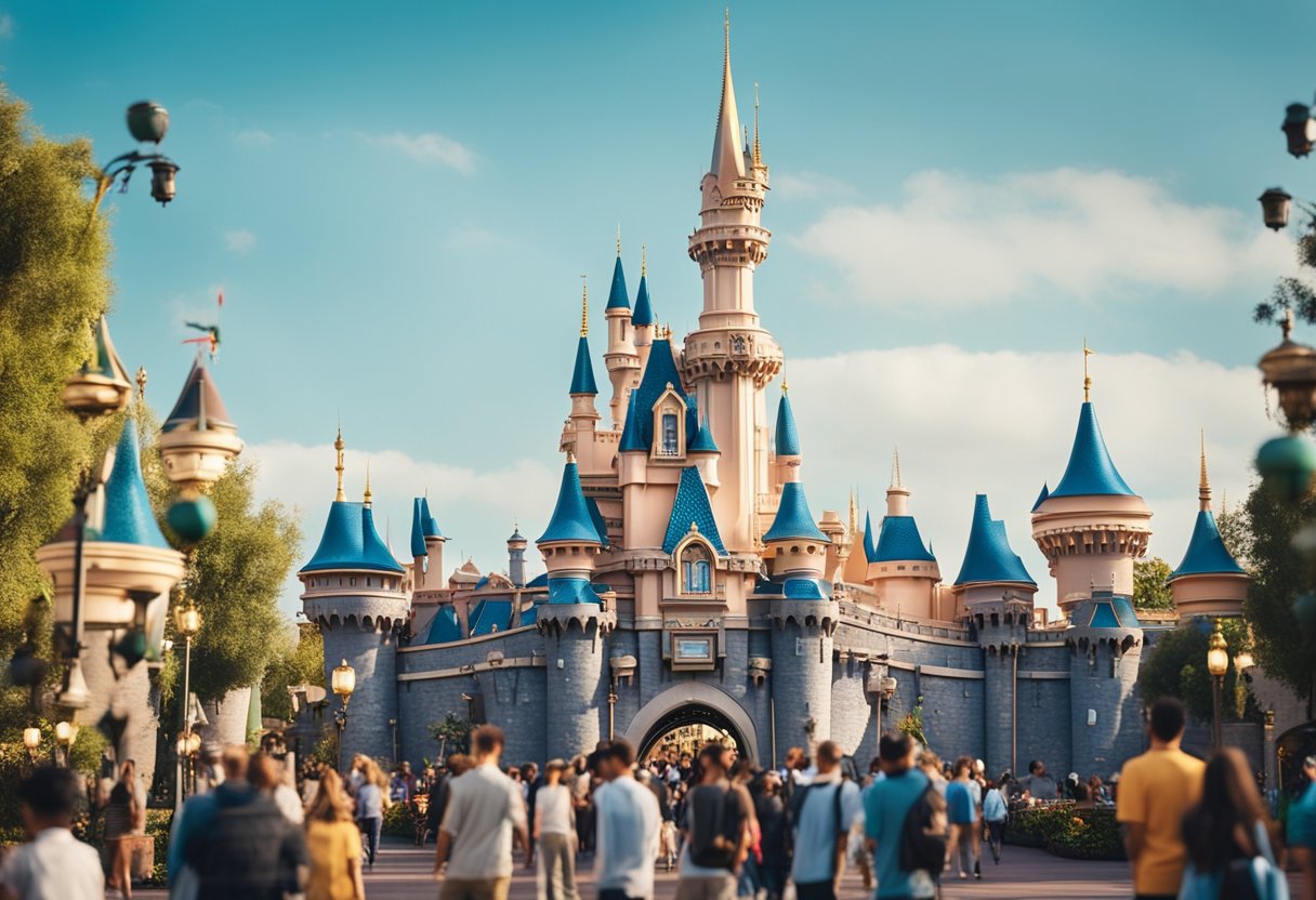 A bustling cityscape with iconic Disneyland castle and colorful attractions, surrounded by happy visitors and vibrant energy