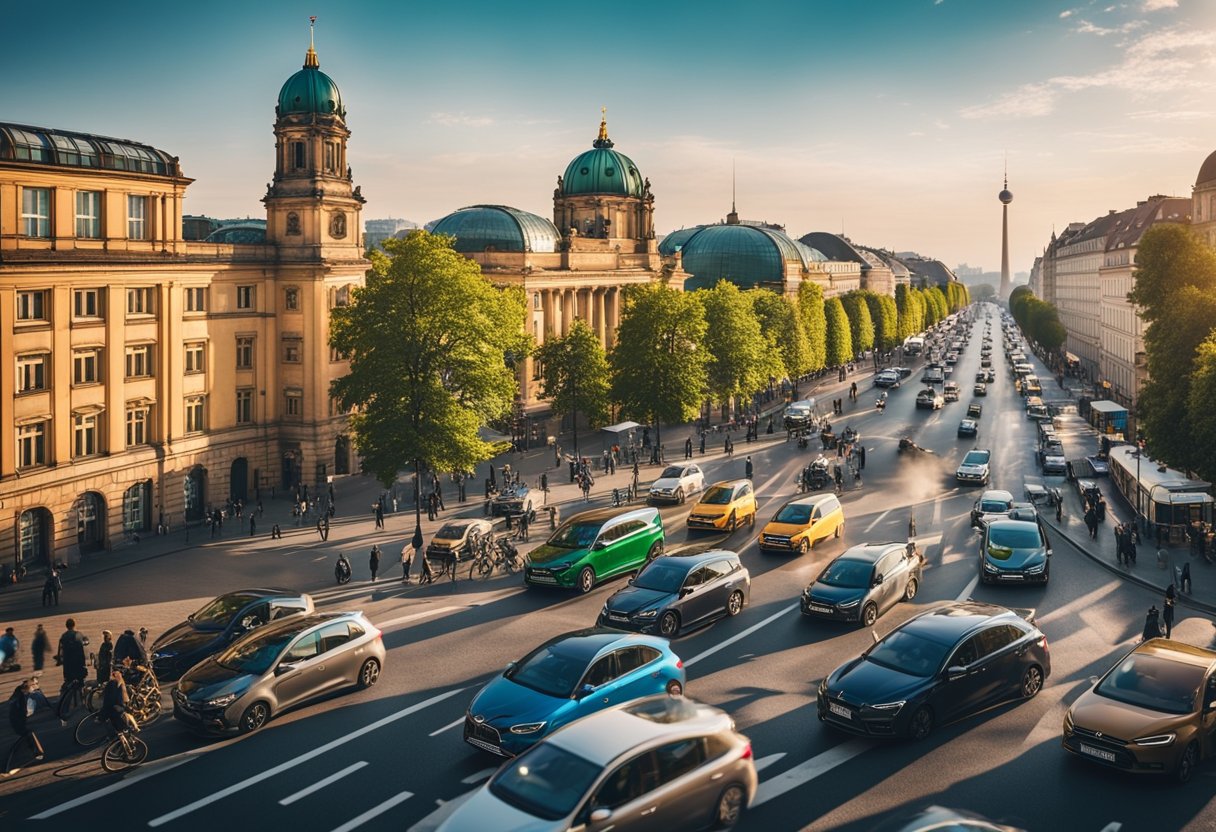 A vibrant cityscape with iconic Berlin landmarks, showcasing Uber Eats promotions and membership benefits through colorful signs and banners