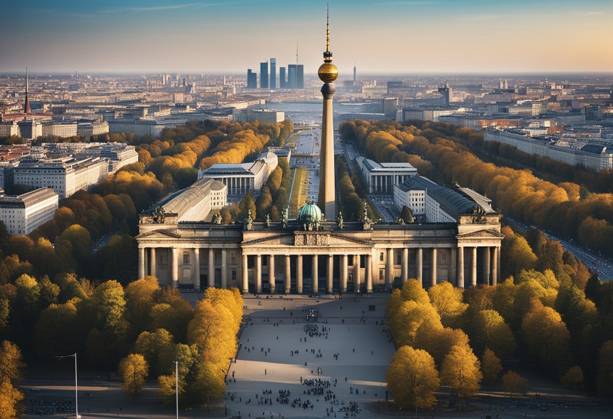 Berlins Skyline mit ikonischen Wahrzeichen wie dem Brandenburger Tor, dem Berliner Fernsehturm und der Gedenkstätte Berliner Mauer