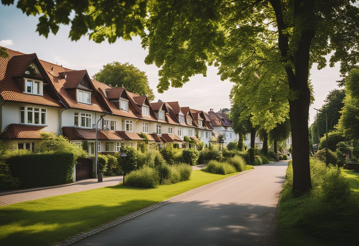 A serene suburban neighborhood in Zehlendorf, Berlin, with lush greenery, charming houses, and a peaceful atmosphere