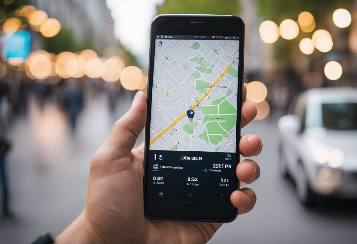 Ein Smartphone mit geöffneten Uber- und Lyft-Apps, das die Karte von Berlin, Deutschland, zeigt