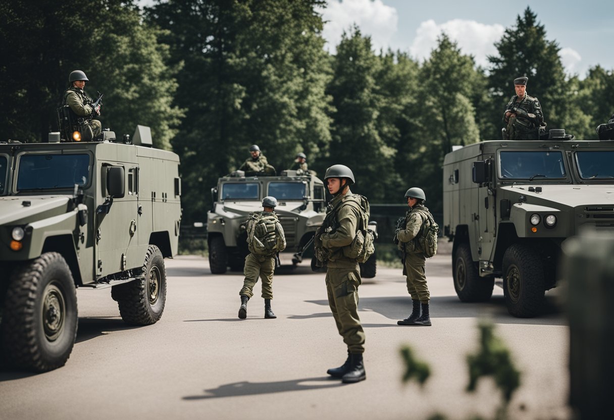 Ein Militärstützpunkt in Berlin, Deutschland, wo Soldaten trainieren und Fahrzeuge stationiert sind