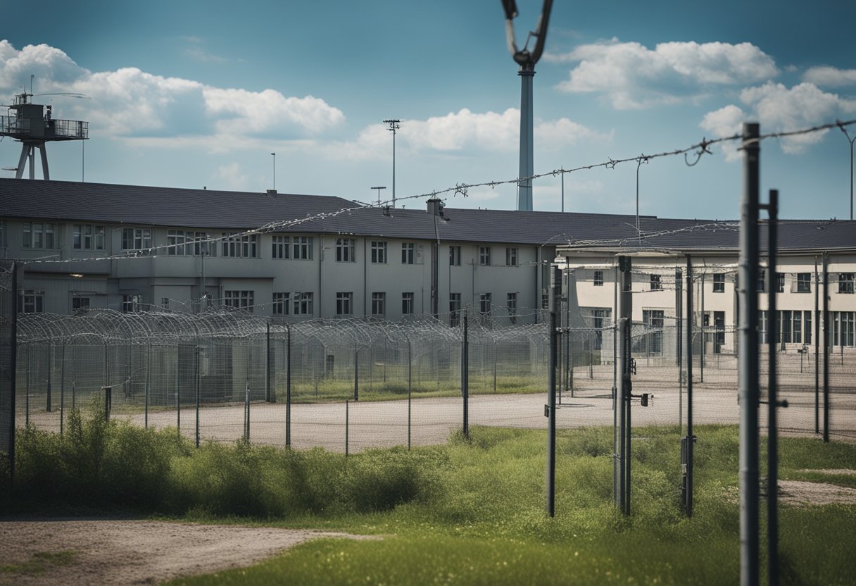 Militärische Einrichtungen in Berlin: Stacheldrahtzäune umgeben ein großes Gelände mit Kasernen, Hangars und Ausbildungseinrichtungen. Am Rand stehen Wachtürme, und gepanzerte Fahrzeuge patrouillieren auf dem Gelände.