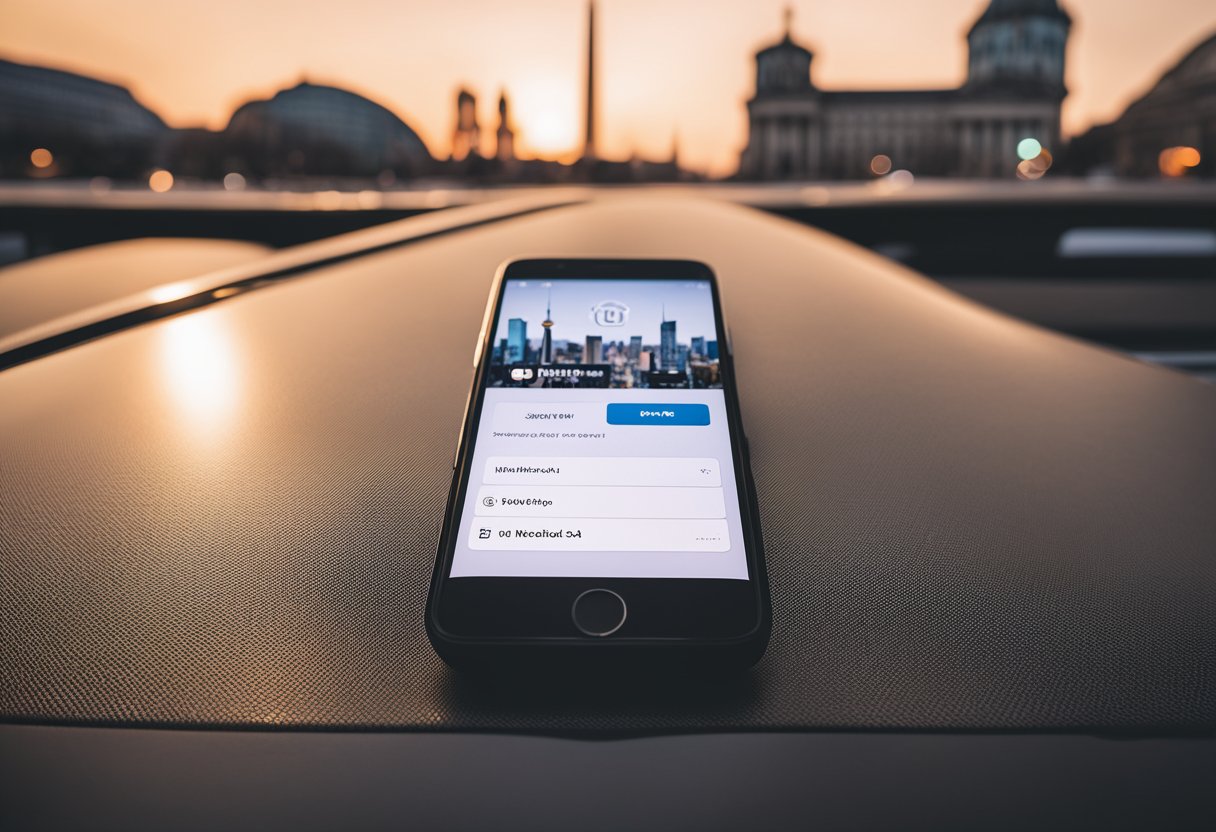 Ein Smartphone mit geöffneten Uber- und Lyft-Apps, auf dem die Bezahlmethoden angezeigt werden, vor einem Hintergrund mit Berliner Wahrzeichen