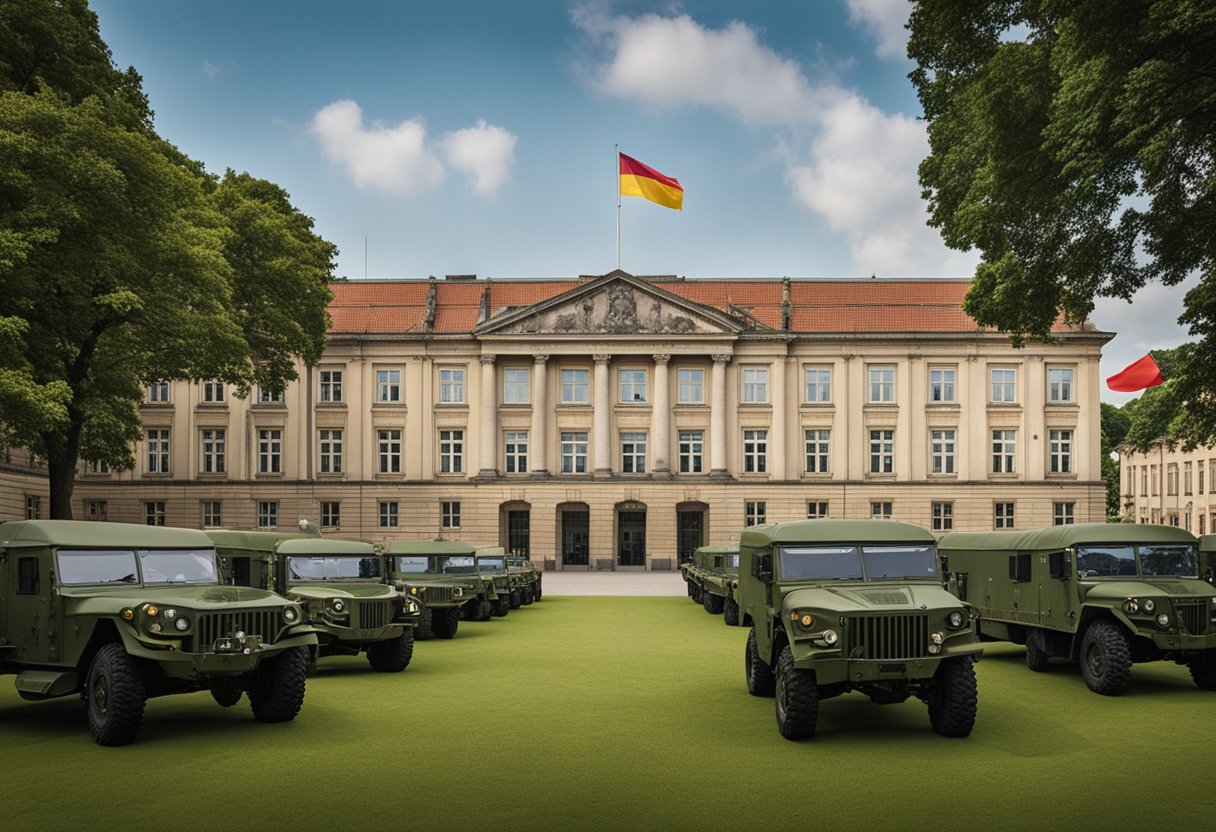 Die McNair-Kaserne in Berlin, Deutschland, bestand aus einem großen, imposanten Gebäude, über dem eine Flagge wehte. Ringsherum waren gepflegte Rasenflächen und eine Reihe von Militärfahrzeugen in Formation geparkt