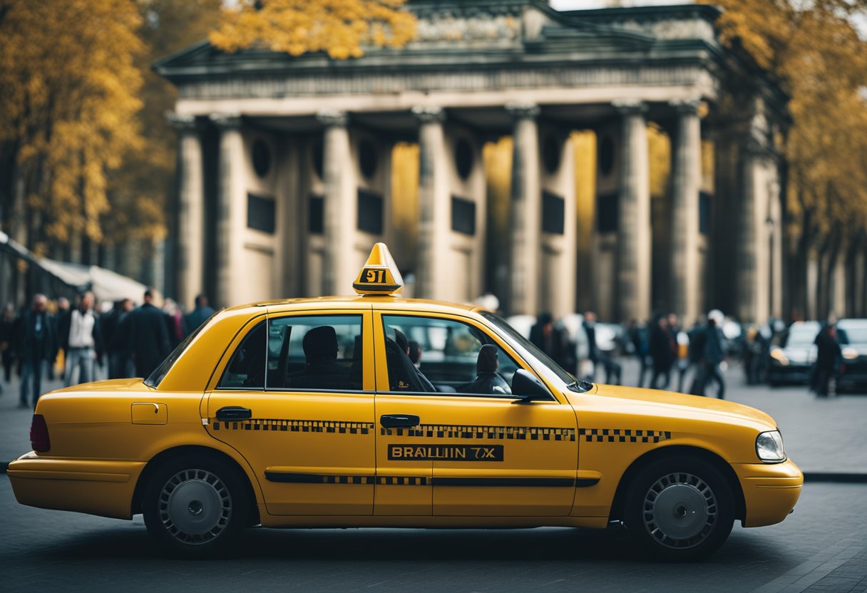 A yellow taxi weaves through Berlin's bustling streets. The iconic Brandenburg Gate looms in the background