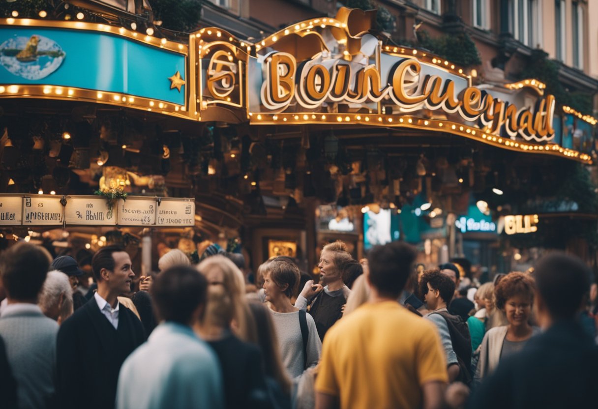 The bustling streets of Berlin are filled with colorful signs and lively music, as people gather to enjoy the entertainment and dining options at Disneyland