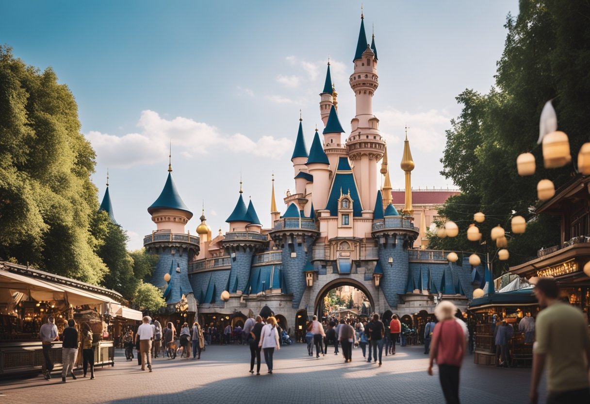 Ein belebtes Disneyland in Berlin, Deutschland, gefüllt mit verschiedenen kulturellen Darstellungen, von traditioneller deutscher Architektur bis zu internationaler Küche und Unterhaltung