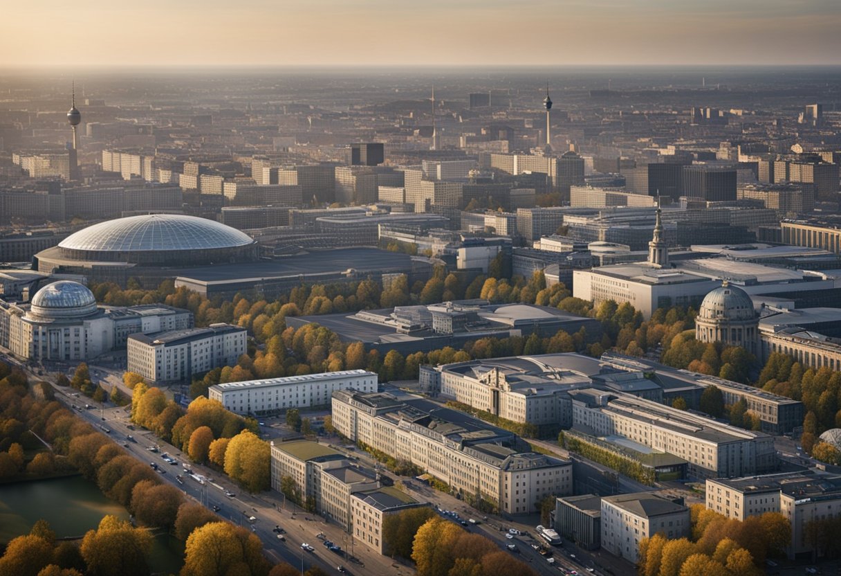 Aerial view of Berlin, Germany with military base in the background
