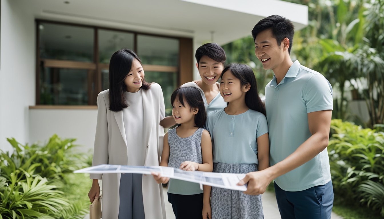 A family of three, with a young child, stands outside a modern house in Singapore. They are discussing the downpayment required for the property, holding a brochure and pointing at the house's features