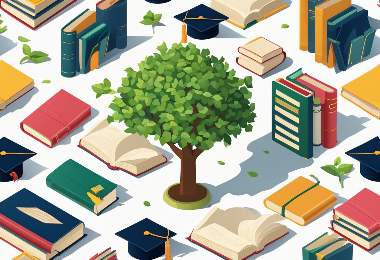 A tree with 42 rings, surrounded by books and a graduation cap, symbolizing growth and wisdom
