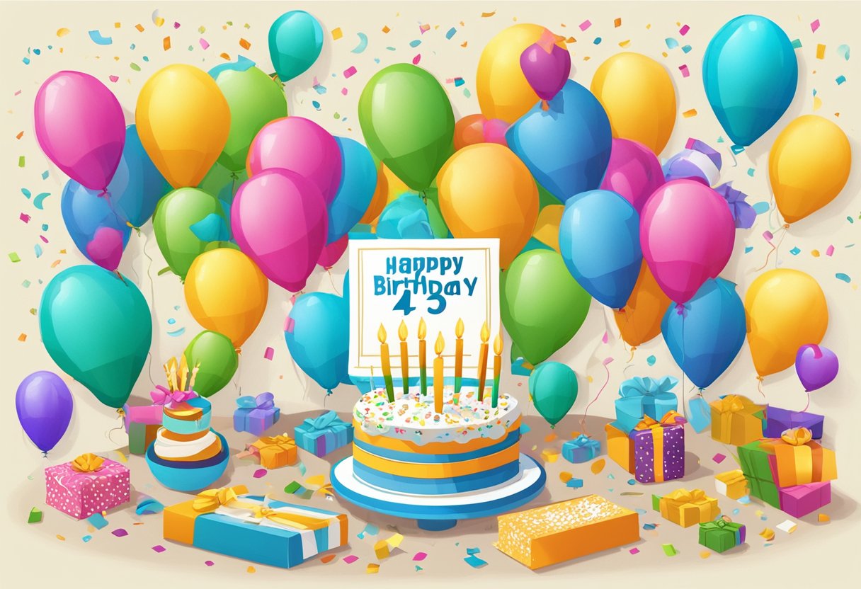 Brightly colored balloons and confetti surround a "Happy 43rd Birthday" banner. A gift and a heartfelt card with a loving quote for a son sit on a festive table