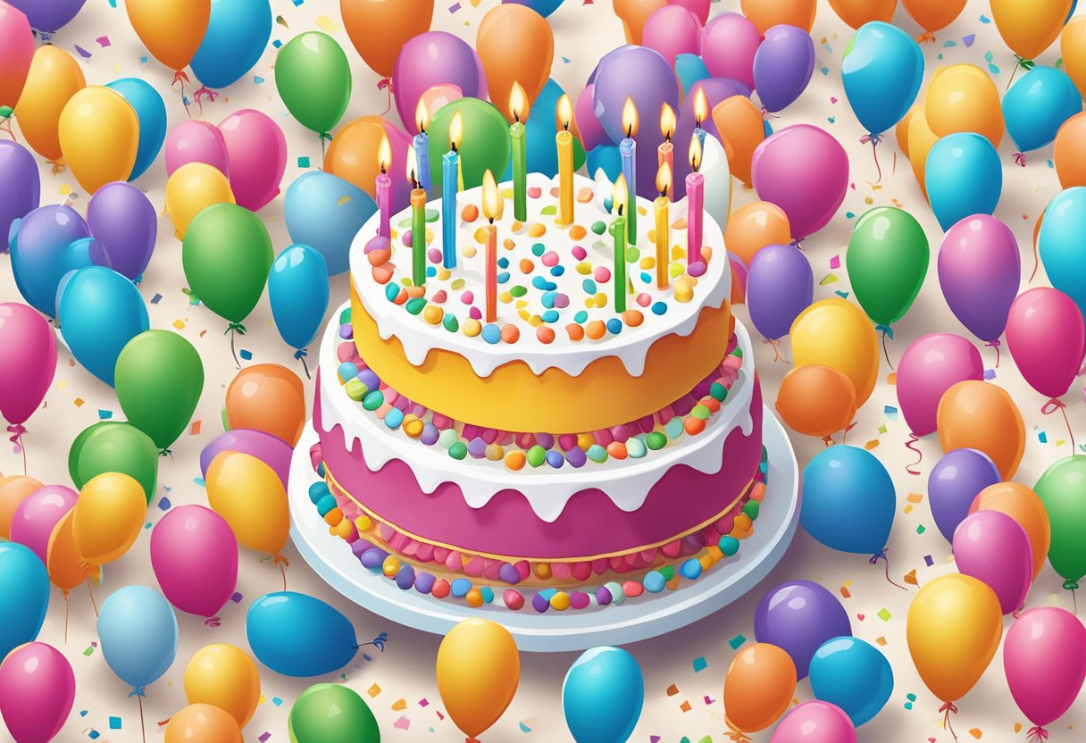 A festive birthday cake with 43 candles, surrounded by balloons and confetti. A thoughtful birthday card with a heartfelt message lies nearby
