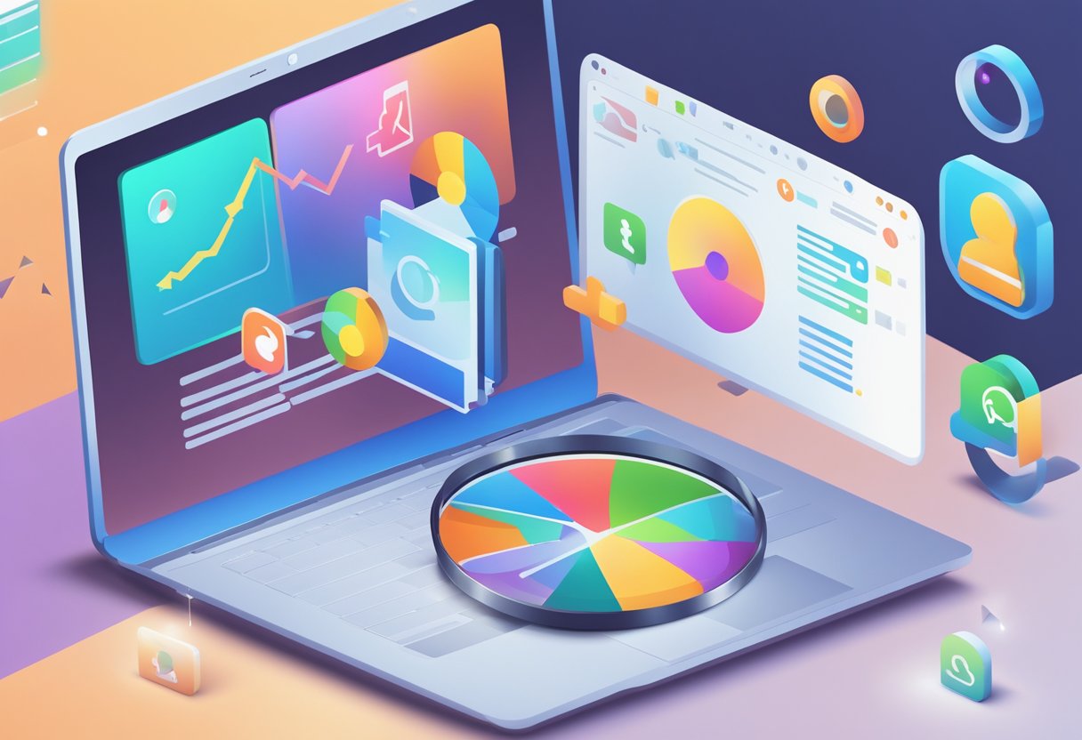 A laptop displaying various charts and graphs, with additional colorful icons and graph surrounding it.