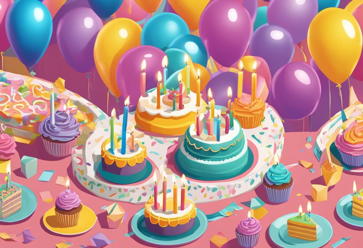 A festive table with a birthday cake and 43 candles, surrounded by balloons and streamers. A card with "Happy 43rd Birthday" is propped up against the cake