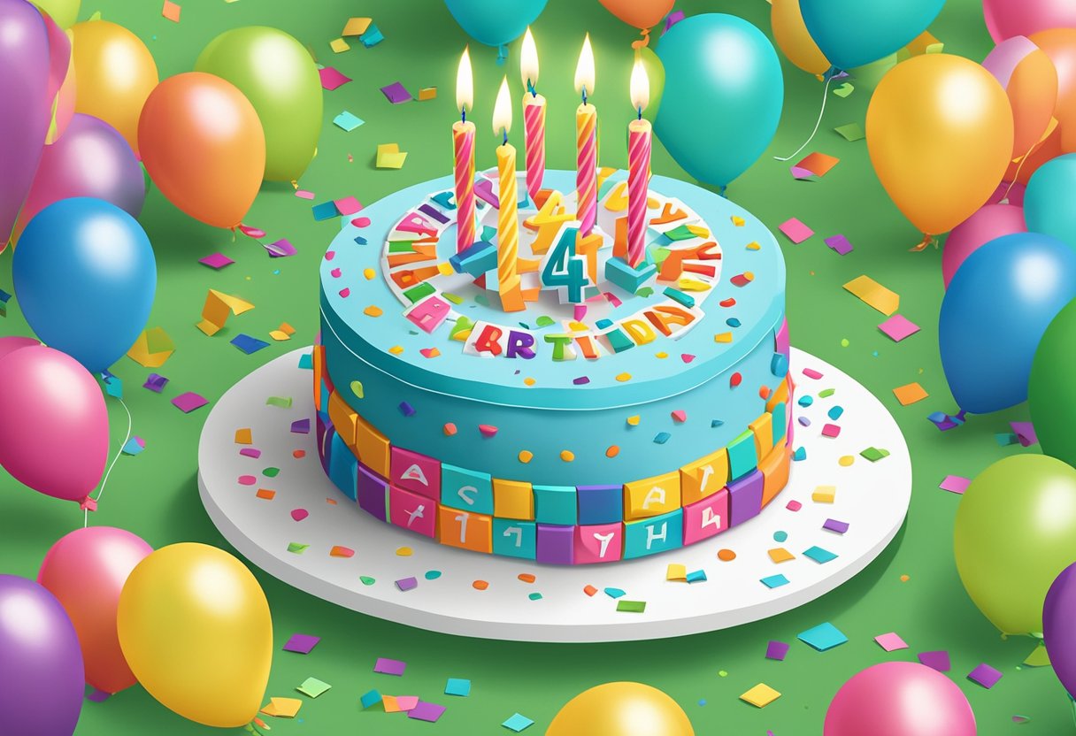 A birthday cake with "Happy 44th Birthday" written in bold letters, surrounded by confetti and balloons. A thoughtful card with a heartfelt message sits next to the cake