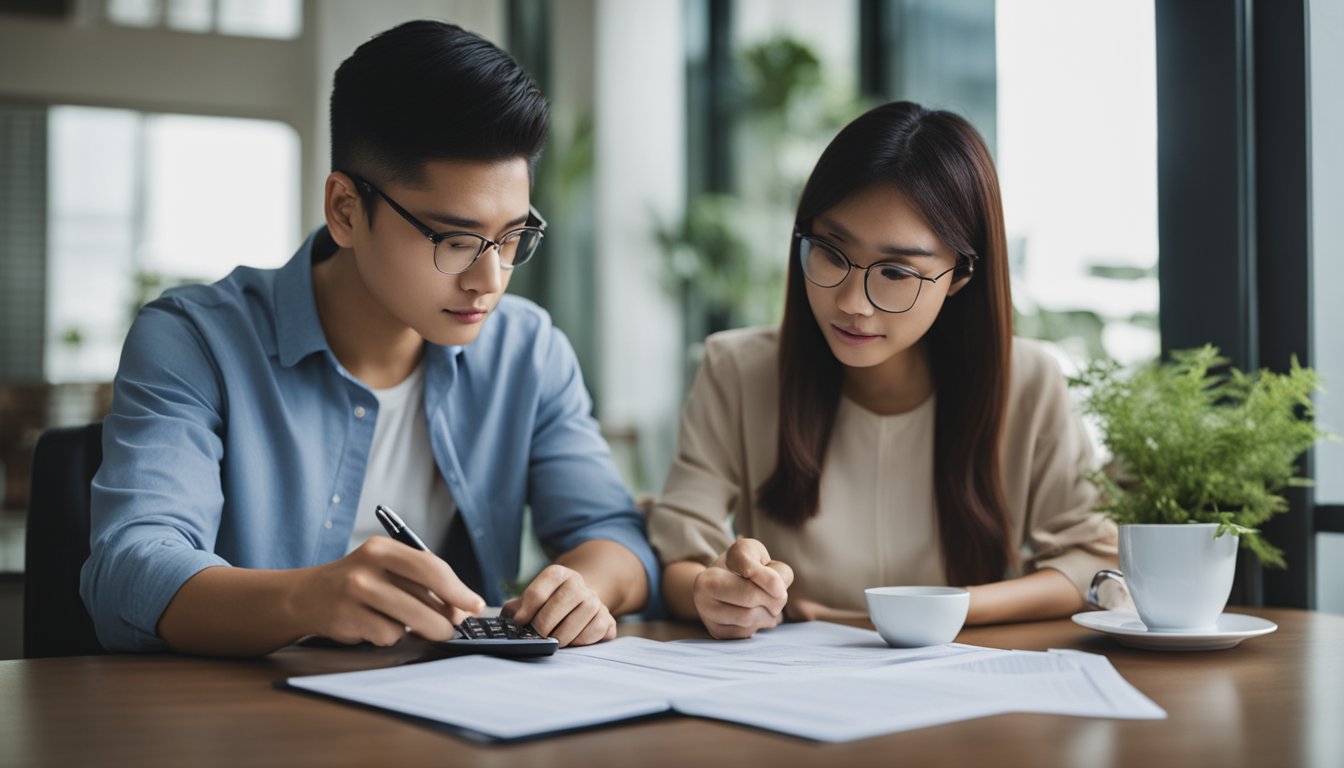 A young couple sits at a table, reviewing financial documents and discussing condo affordability in Singapore. A calculator and pen are on the table. The couple appears determined and focused