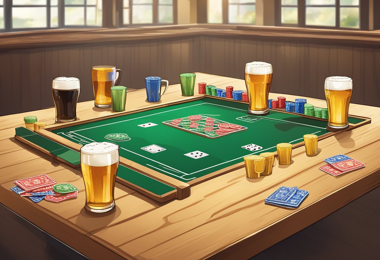 A table with various beer games set up, including cups for beer pong, cards for kings, and dice for beer die