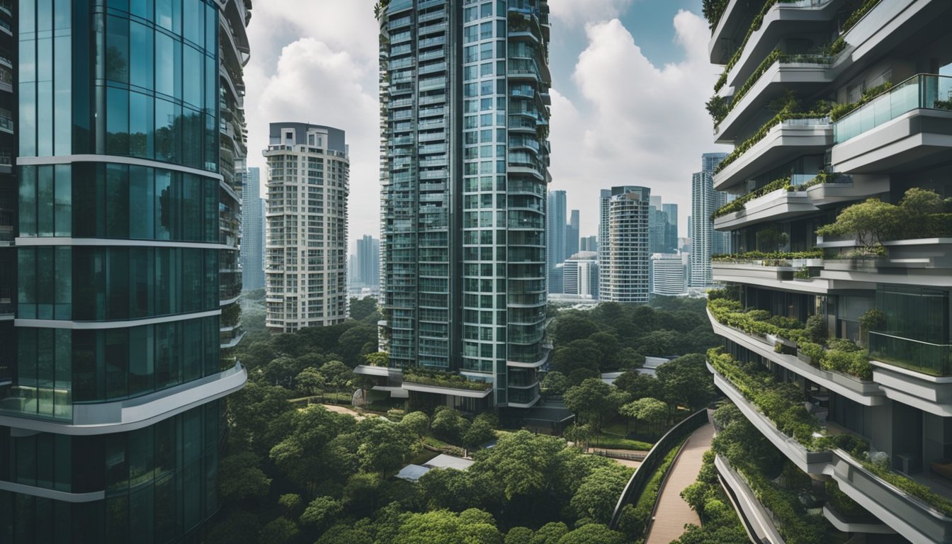 A bustling cityscape with modern condo buildings, surrounded by lush greenery and amenities. The scene exudes luxury and convenience, showcasing the appeal of living in a Singapore condo