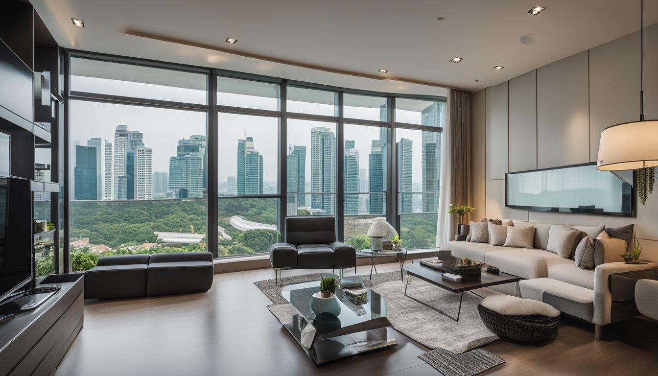 A modern condo in Singapore with a price tag displayed prominently, surrounded by symbols of ongoing expenses like bills, maintenance fees, and other financial considerations