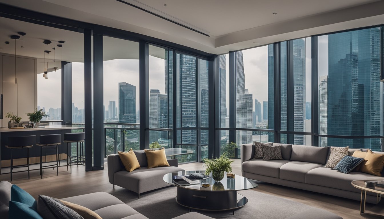 A modern condo in Singapore surrounded by bustling city life and financial district, with real estate investment charts and property listings in the background