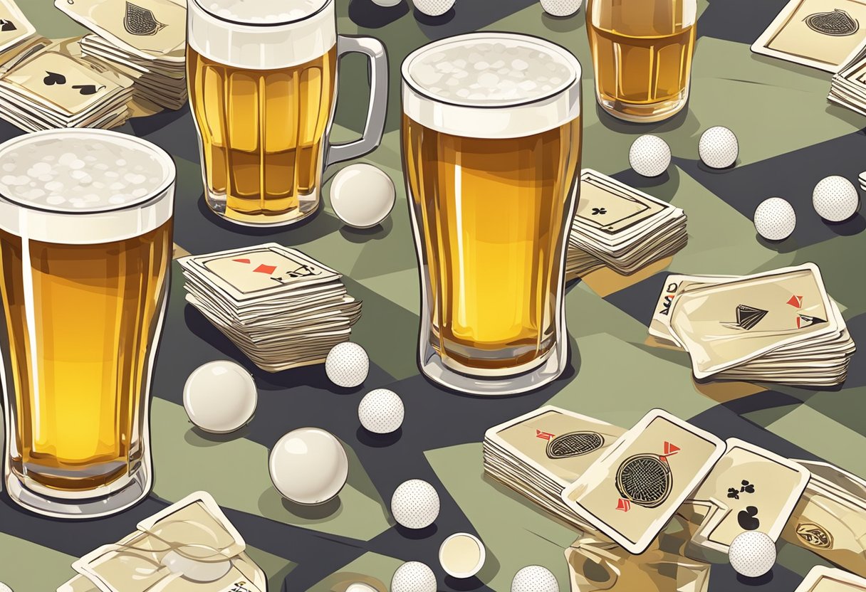 A table with various beer game equipment, including cups, ping pong balls, and playing cards, set up for the best beer games