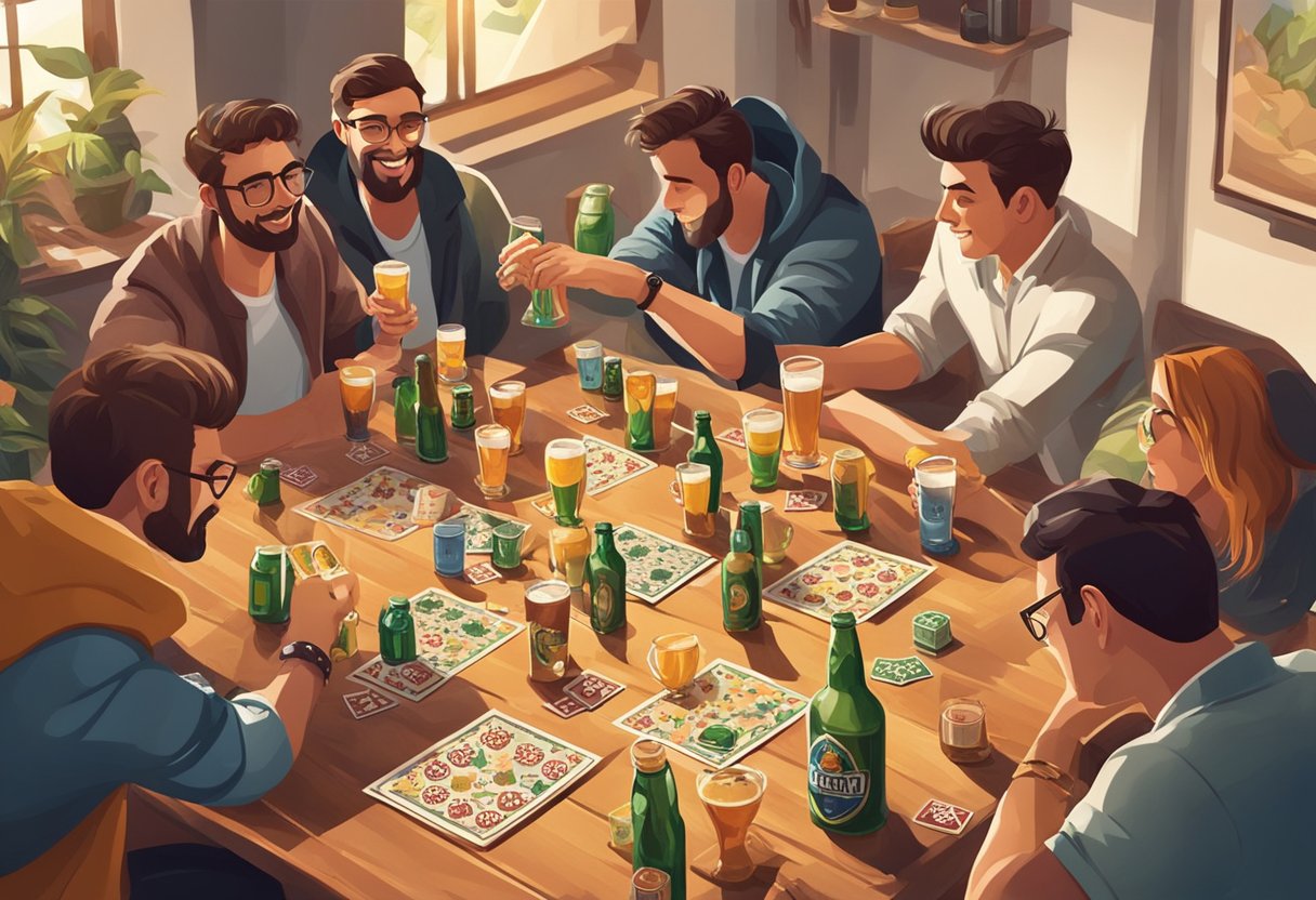 A table with various non-alcoholic drinks, surrounded by a group of friends playing beer games with cards and dice