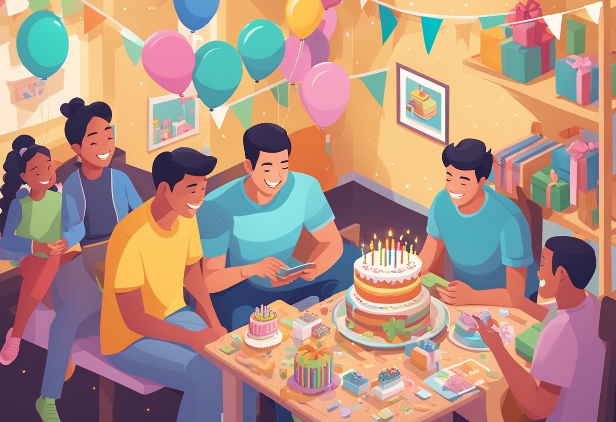 A son reading a birthday card with a smile, surrounded by loving family and friends, with a cake and presents on a table