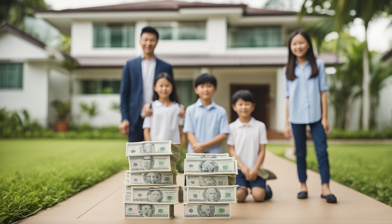 A family stands in front of a house, holding a stack of cash and a CPF statement, calculating the amount needed to purchase a home in Singapore