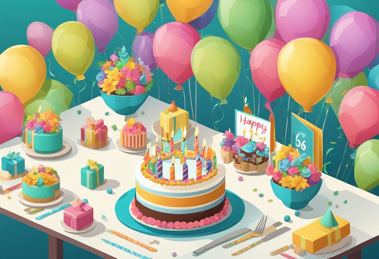 A festive table with a birthday cake, balloons, and a card with "Happy 46th Birthday" for a son