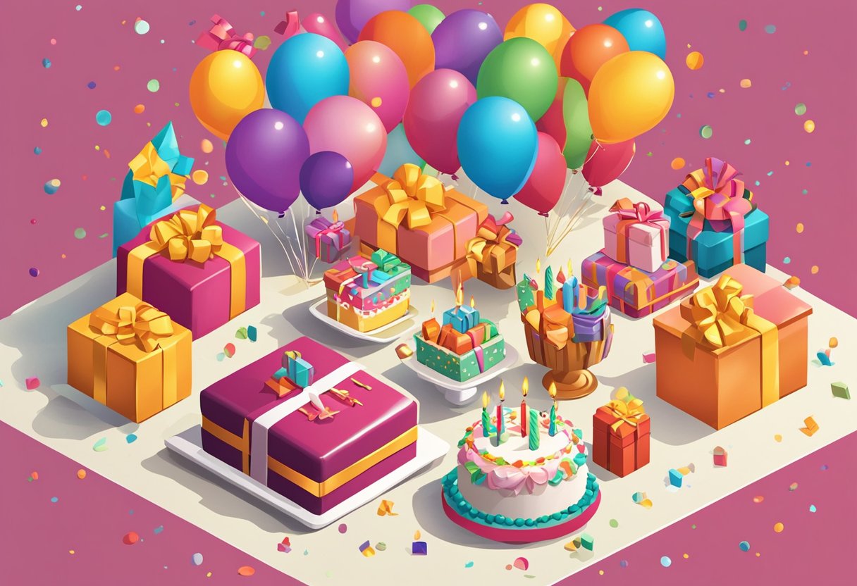 A festive table with a birthday cake, balloons, and presents. A card with "Happy 47th Birthday" is displayed prominently